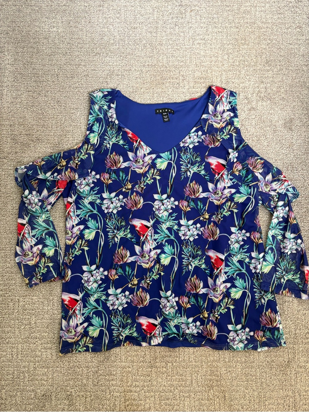 Tribal Blue Floral Cold-Shoulder Blouse